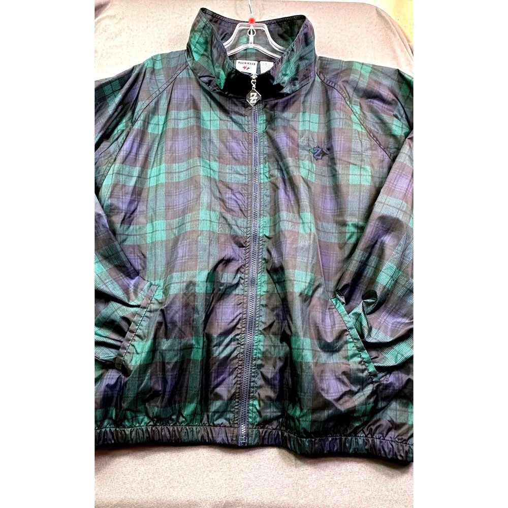 Vintage Jerzees Mens XL Plaid‎ Windbreaker Jacket Green Blue Nylon Full Zip Mesh